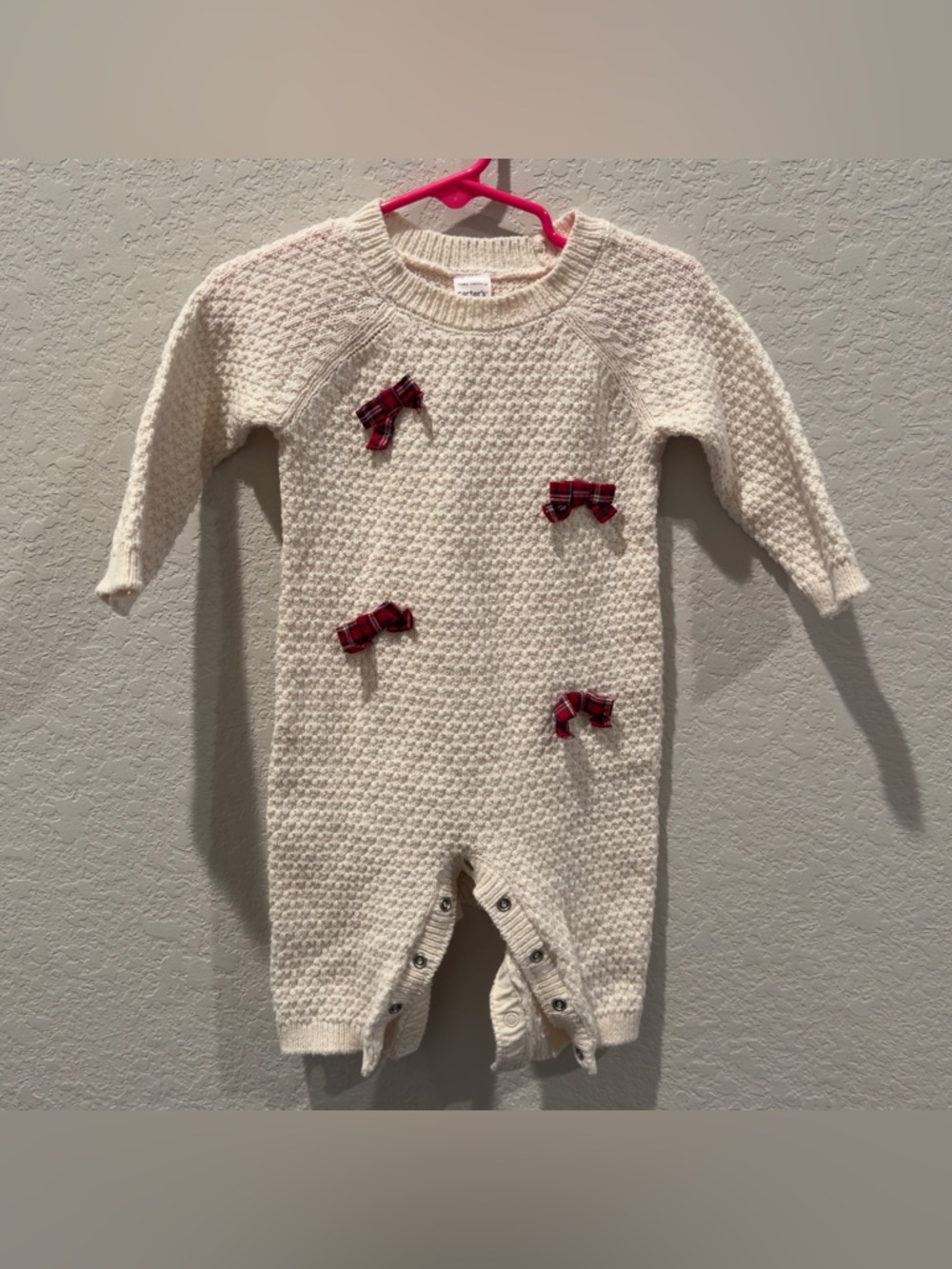 Carter's Cream Knit One-Piece with Red Plaid Bows